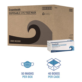 Three-Ply General Use Face Mask, Blue, 50/Box, 40 Boxes/Carton