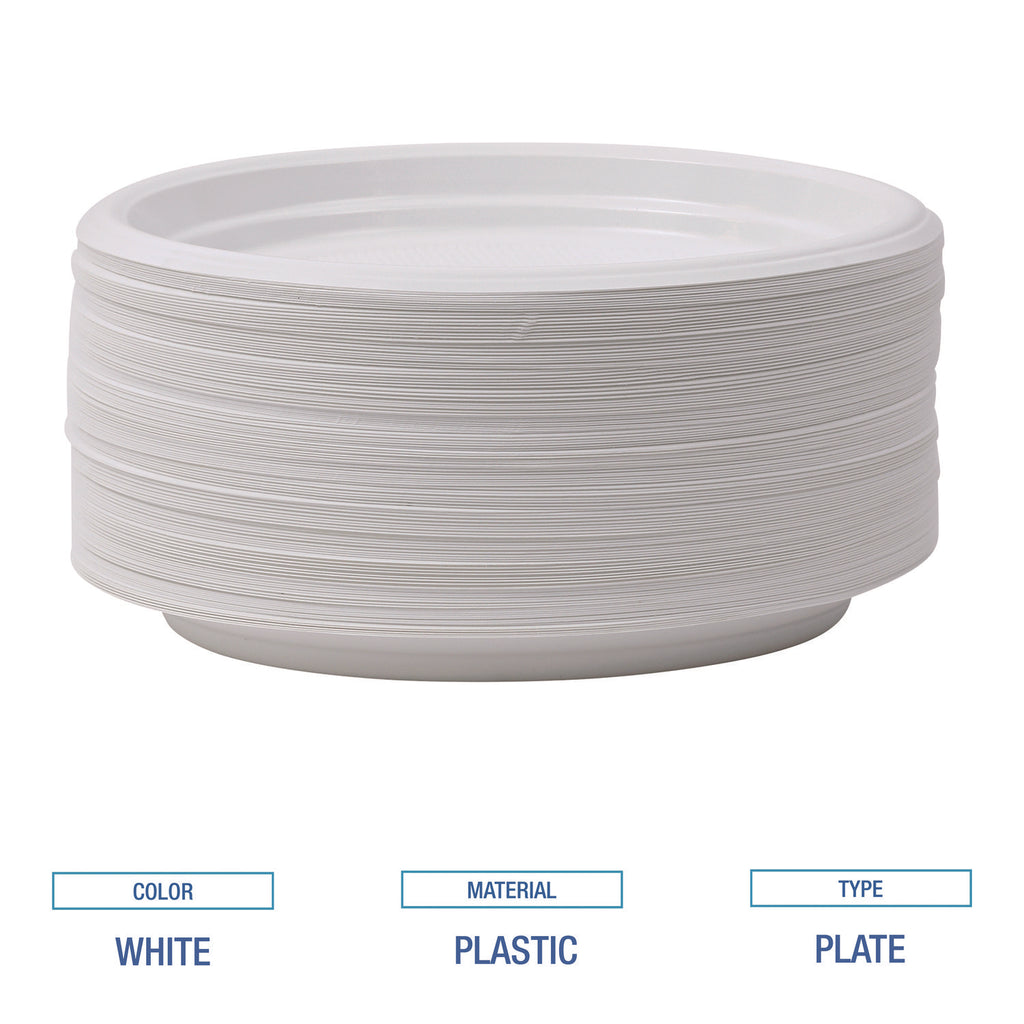 Hi-Impact Plastic Dinnerware, Plate, 9" dia, White, 500/Carton