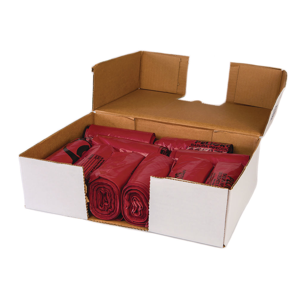 Institutional Low-Density Infectious Waste Can Liners, 10 gal, 1.3 mil, 24" x 23", Red, 25 Bags/Roll, 10 Rolls/Carton