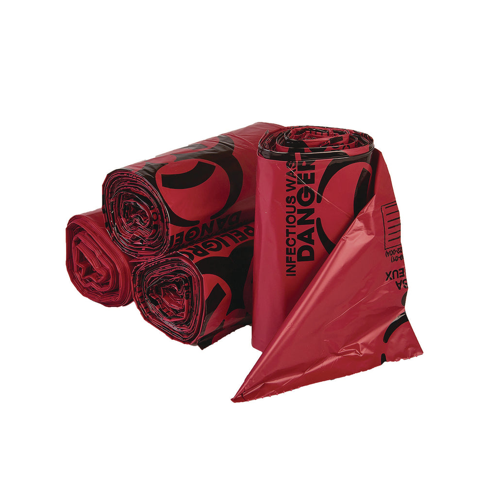 Institutional Low-Density Infectious Waste Can Liners, 10 gal, 1.3 mil, 24" x 23", Red, 25 Bags/Roll, 10 Rolls/Carton