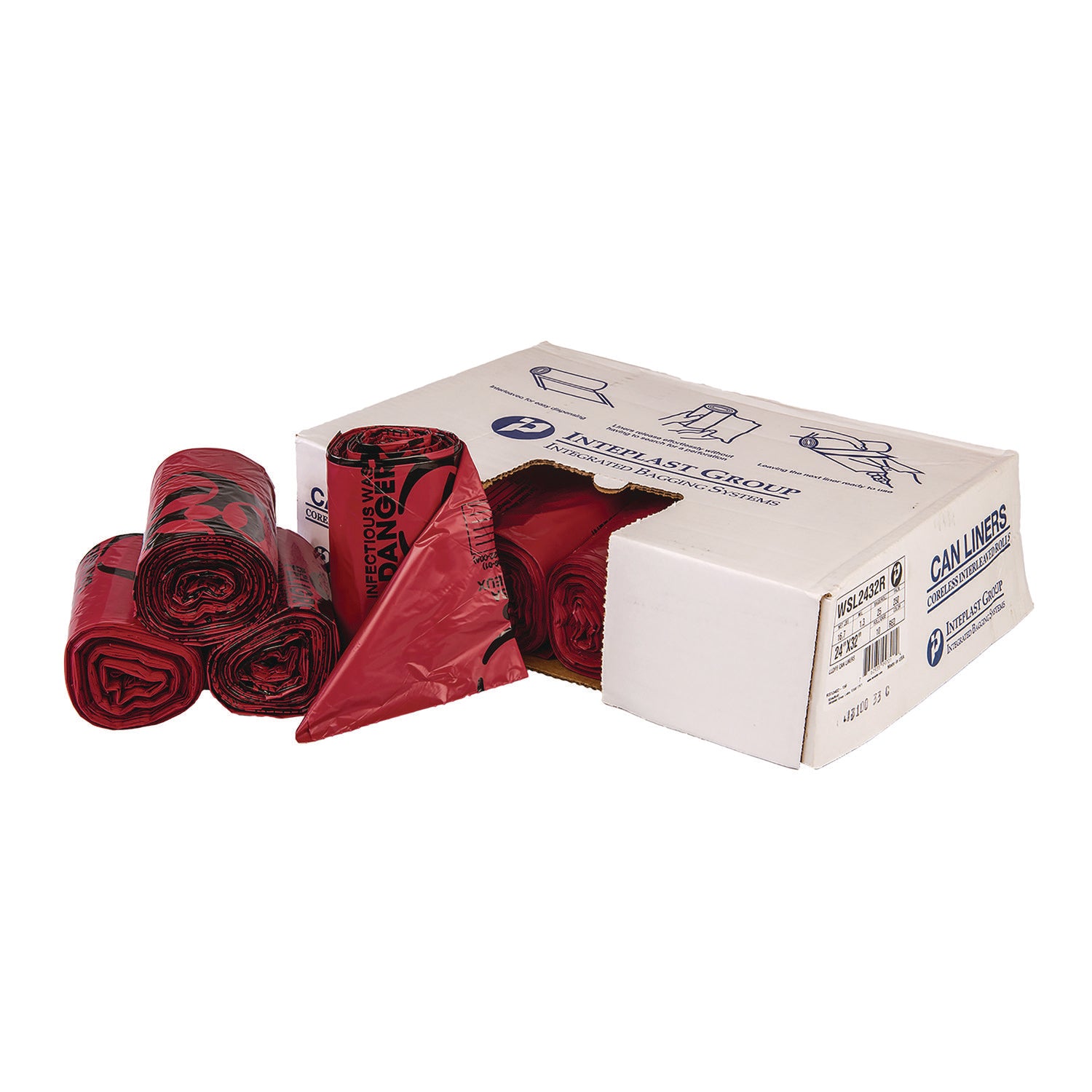 Institutional Low-Density Infectious Waste Can Liners, 10 gal, 1.3 mil, 24" x 23", Red, 25 Bags/Roll, 10 Rolls/Carton