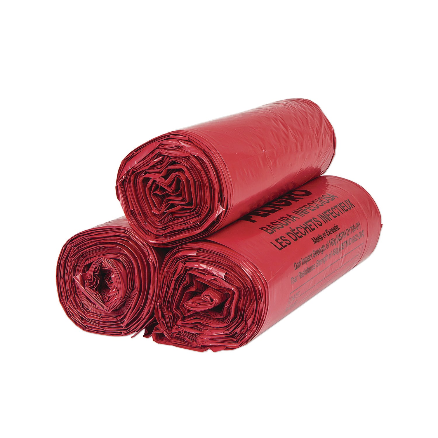 Institutional Low-Density Infectious Waste Can Liners, 33 gal, 1.3 mil, 33" x 39", Red, 25 Bags/Roll, 6 Rolls/Carton