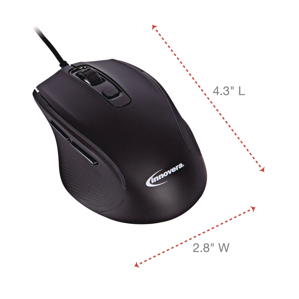Full-Size Wired Optical Mouse, USB 2.0, Right Hand Use, Black - 