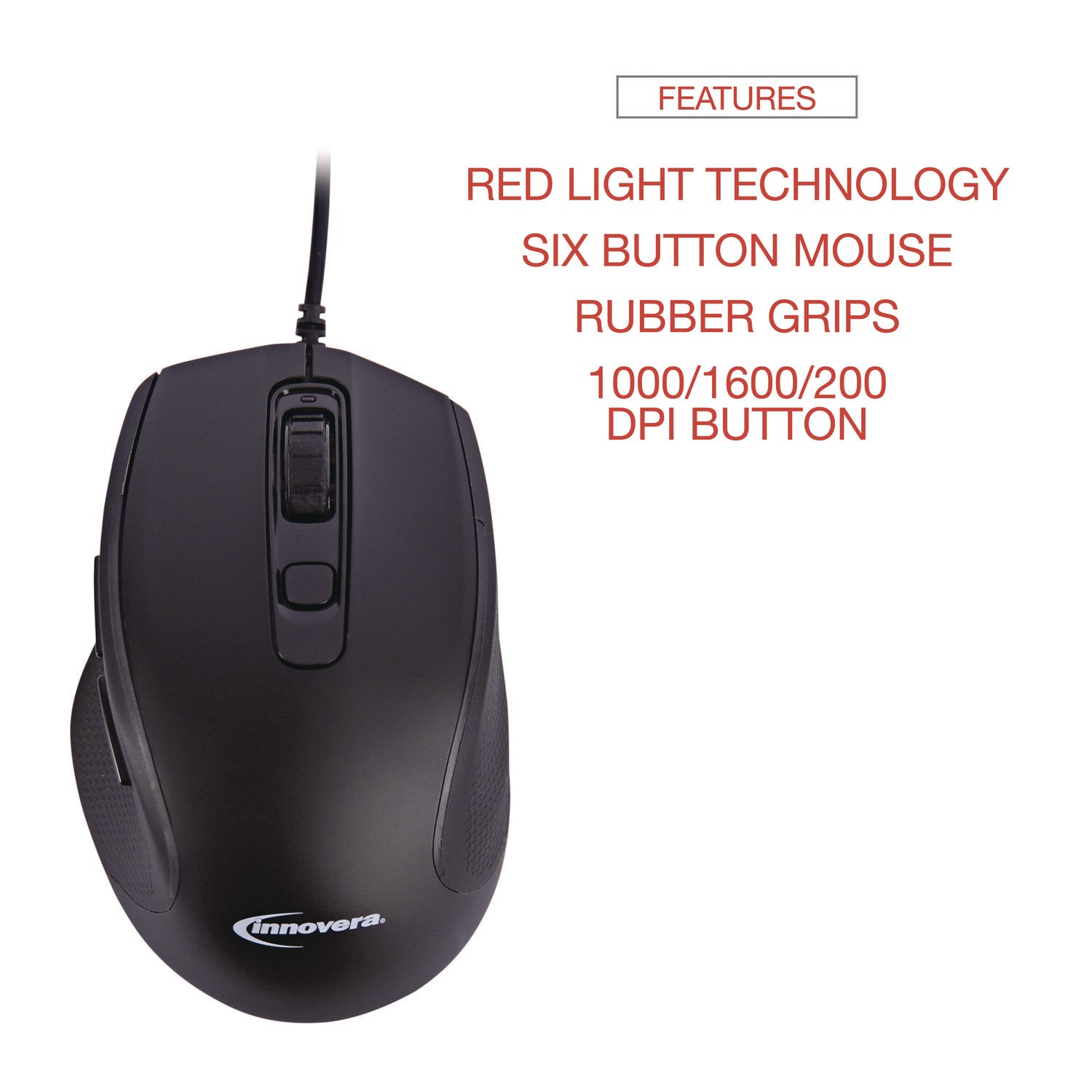 Full-Size Wired Optical Mouse, USB 2.0, Right Hand Use, Black - 