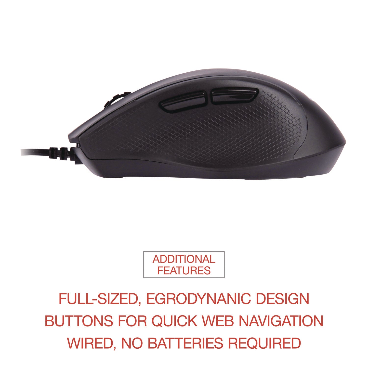 Full-Size Wired Optical Mouse, USB 2.0, Right Hand Use, Black - 