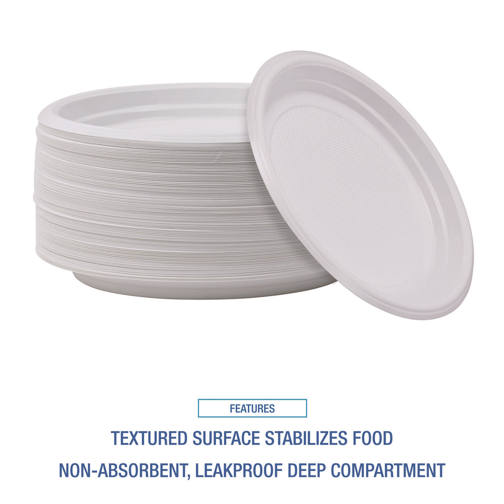 Hi-Impact Plastic Dinnerware, Plate, 9" dia, White, 500/Carton