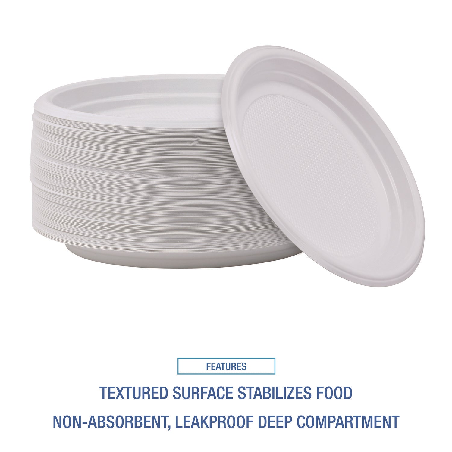 Hi-Impact Plastic Dinnerware, Plate, 9" dia, White, 500/Carton