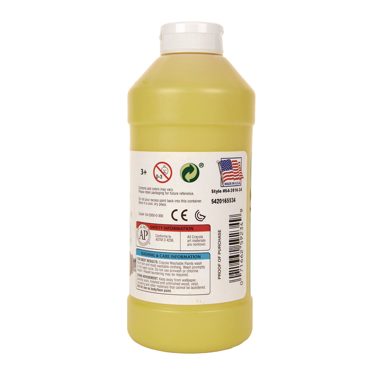 Washable Paint, Yellow, 16 oz Bottle