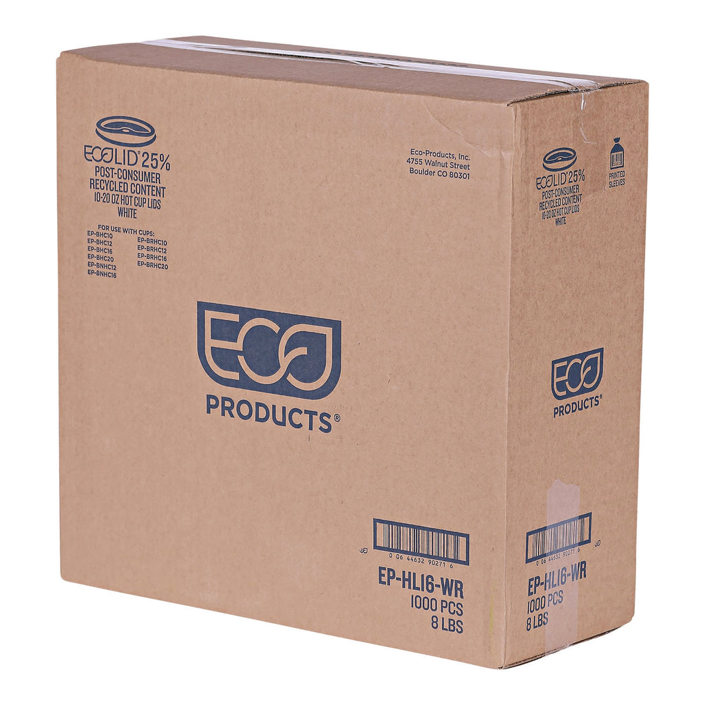 EcoLid 25% Recycled Content Hot Cup Lid, White, Fits 10 oz to 20 oz Cups, 100/Pack, 10 Packs/Carton - 