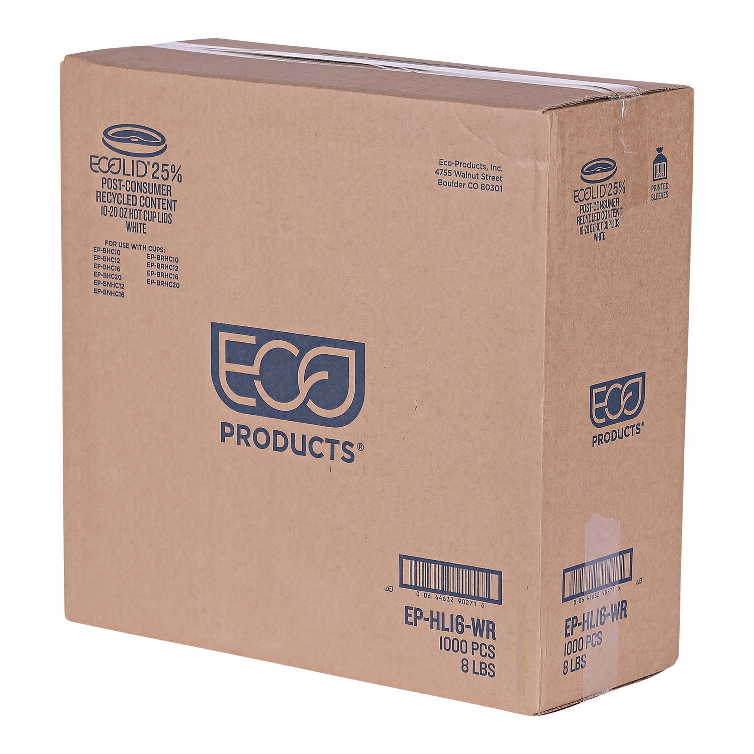 EcoLid 25% Recycled Content Hot Cup Lid, White, Fits 10 oz to 20 oz Cups, 100/Pack, 10 Packs/Carton - 