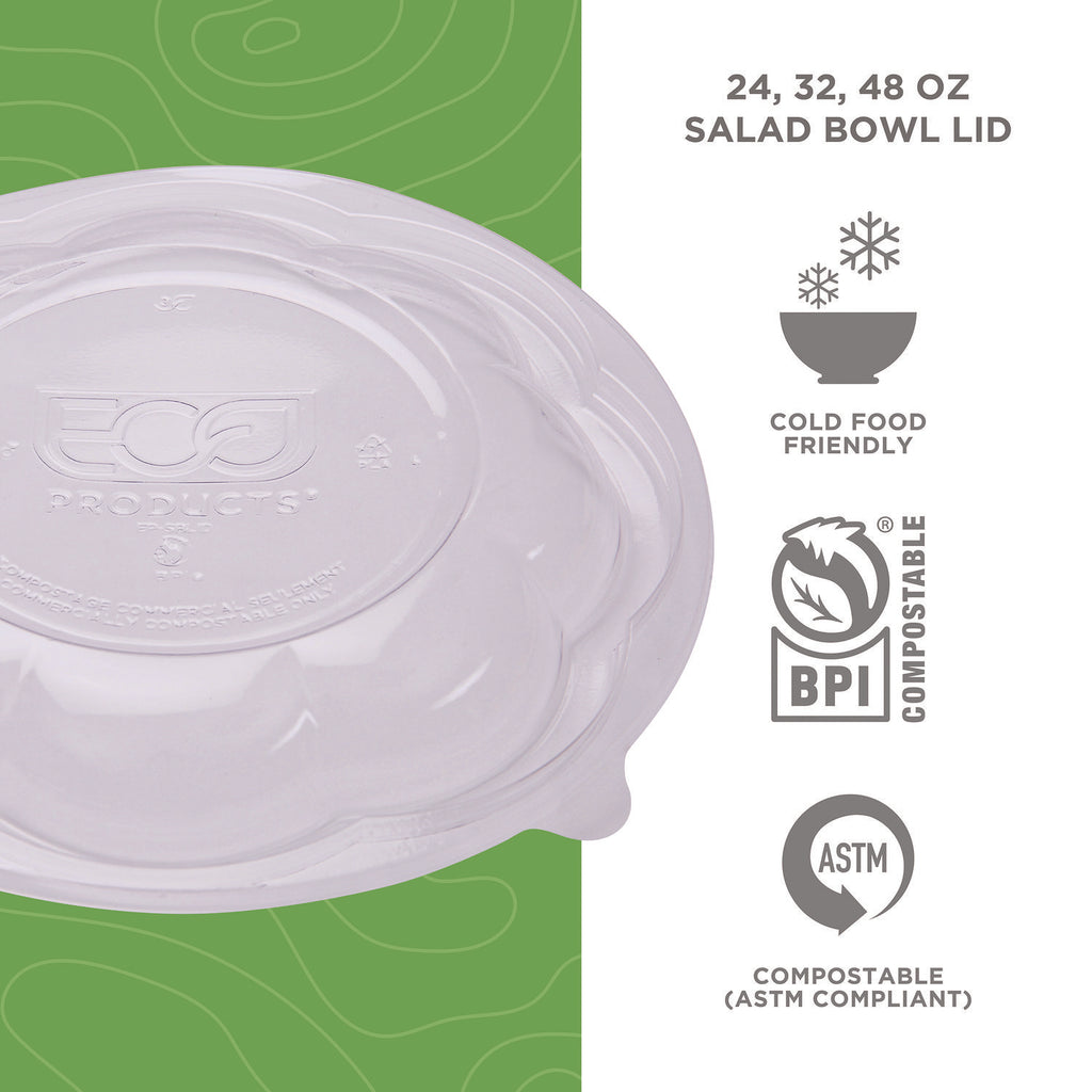 Renewable and Compostable Lids for 24, 32 and 48 oz Salad Bowls, Clear, Plastic, 300/Carton