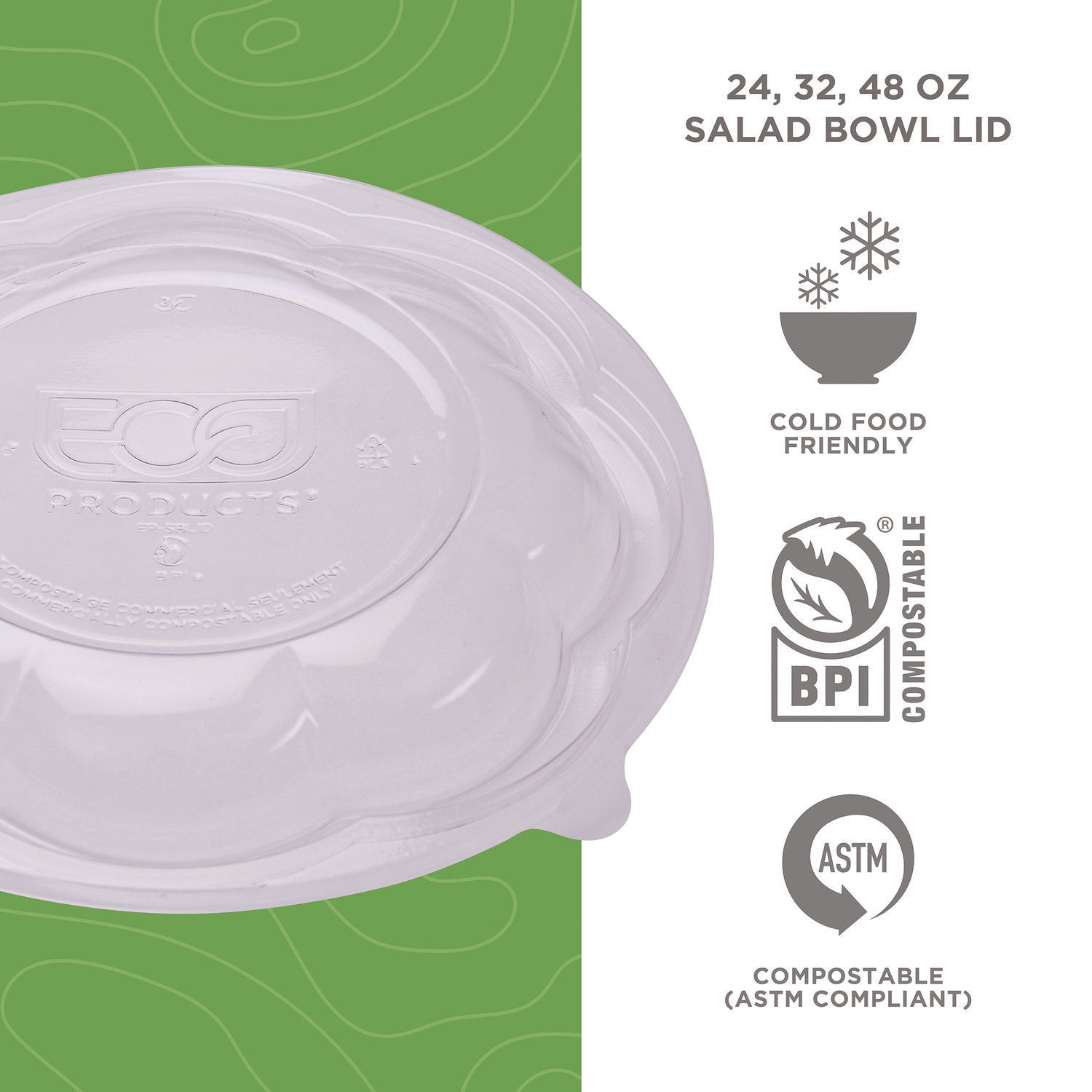 Renewable and Compostable Lids for 24, 32 and 48 oz Salad Bowls, Clear, Plastic, 300/Carton