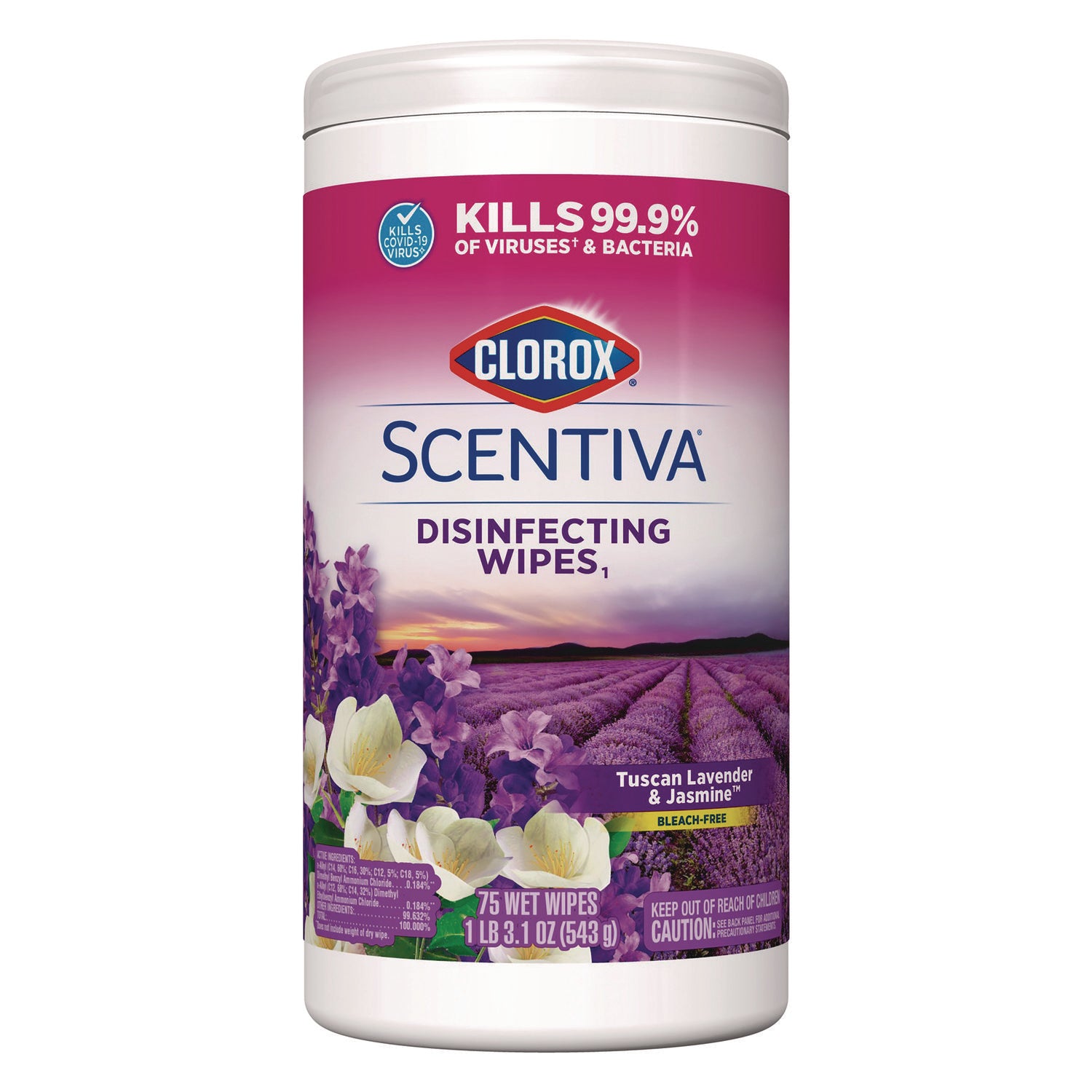 Clorox Scentiva Bleach-Free Disinfecting Wipes - Ready-To-Use Wipe - Tuscan Lavender & Jasmine Scent - 70 / Tub - 1 Each - White - 1