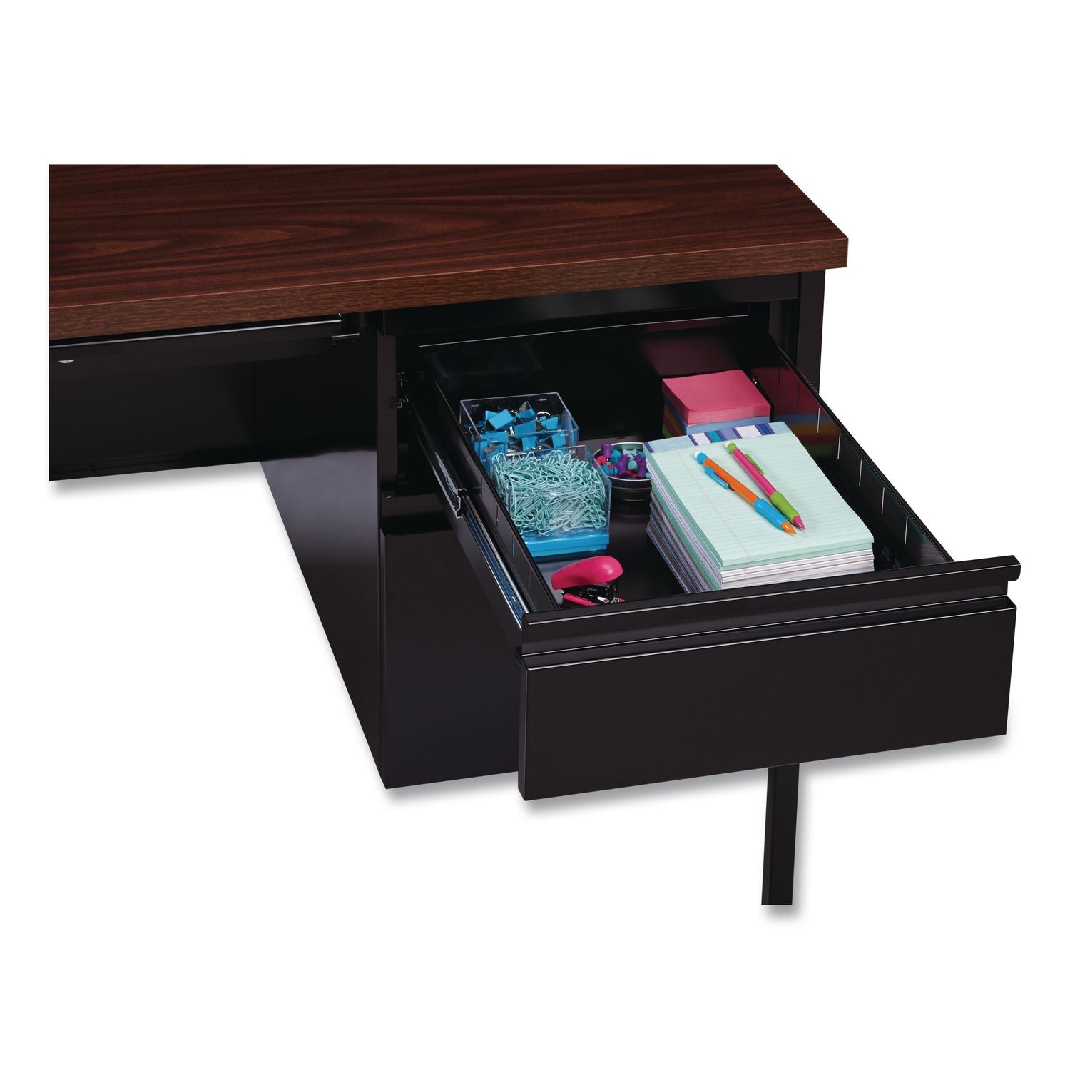 Double Pedestal Steel Desk, 60" x 30" x 29.5", Mocha/Black, Black Legs