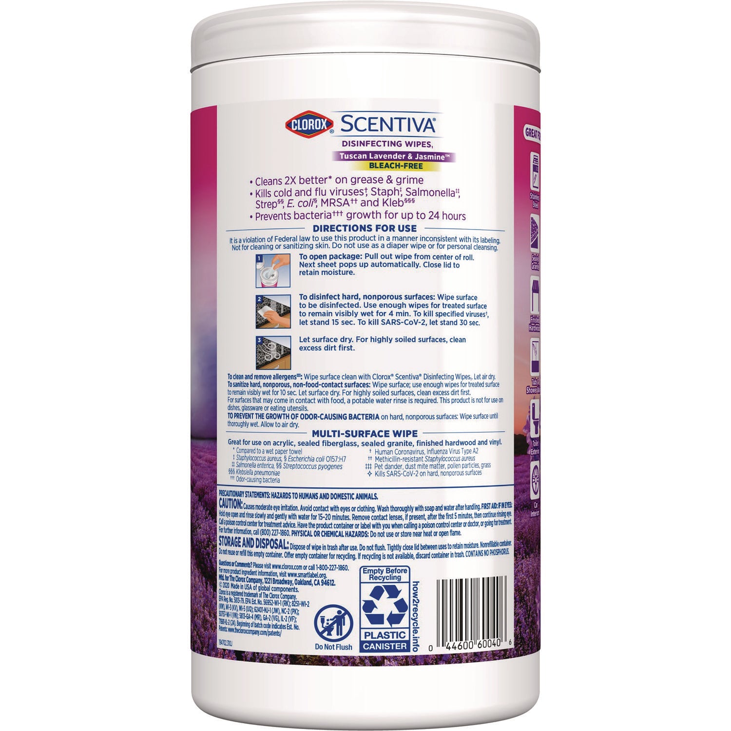 Clorox Scentiva Bleach-Free Disinfecting Wipes - Ready-To-Use Wipe - Tuscan Lavender & Jasmine Scent - 70 / Tub - 1 Each - White - 2