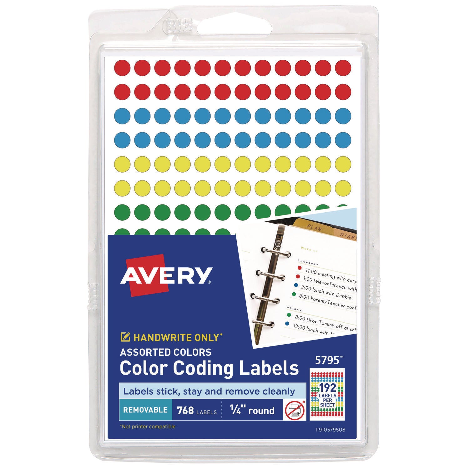 Handwrite Only Self-Adhesive Removable Round Color-Coding Labels, 0.25" dia, Assorted, 192/Sheet, 4 Sheets/Pack, (5795) - 