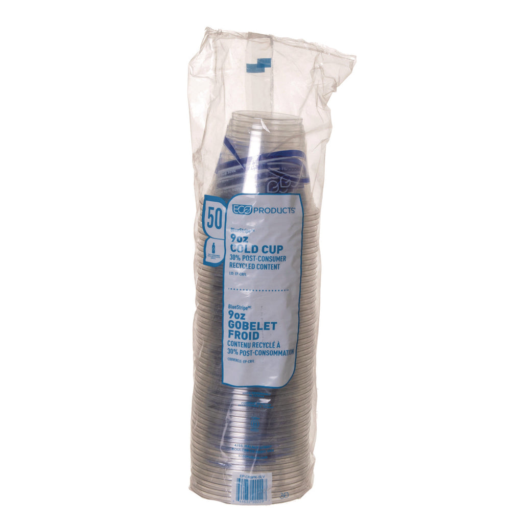 BlueStripe 25% Recycled Content Cold Cups, 9 oz, Clear/Blue, 50/Pack, 20 Packs/Carton - 