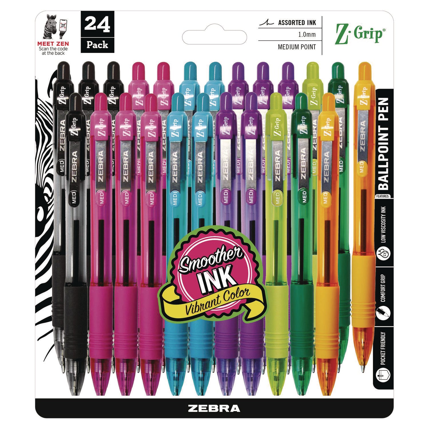 Z-Grip Ballpoint Pen, Retractable, Medium 1 mm, Assorted Artistic Ink Colors, Assorted Barrel Colors, 24/Pack - 