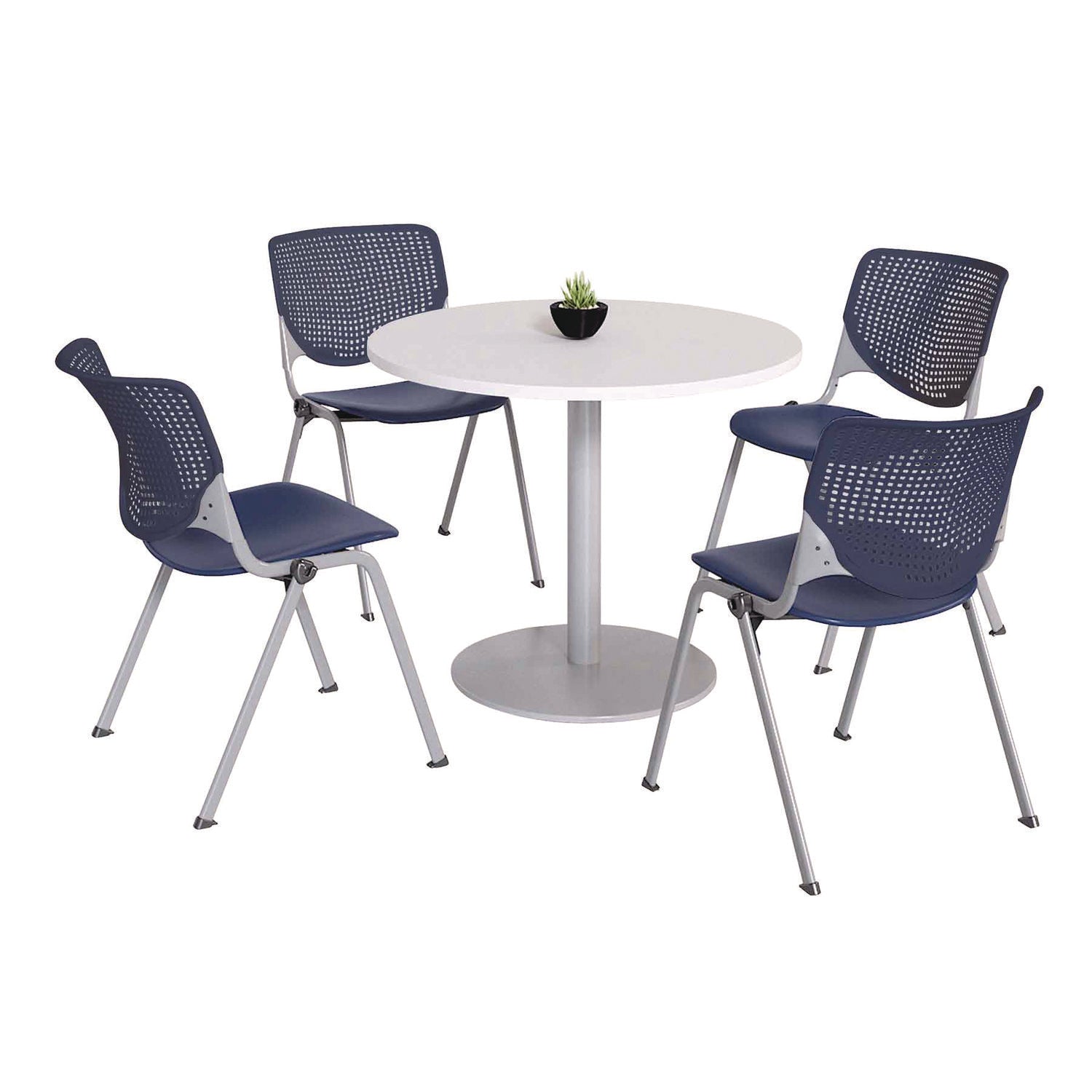 Pedestal Table with Four Navy Kool Series Chairs, Round, 36" Dia x 29h, Designer White, Ships in 4-6 Business Days