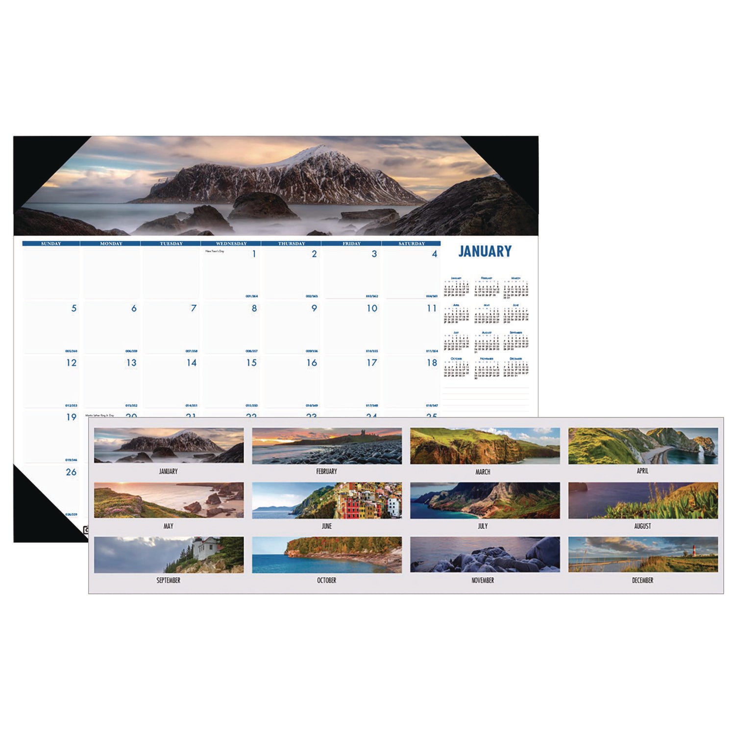 earthscapes-recycled-monthly-desk-pad-calendar-coastlines-photos-22-x-17-black-binding-corners12-month-jan-dec-2024_hod178 - 1