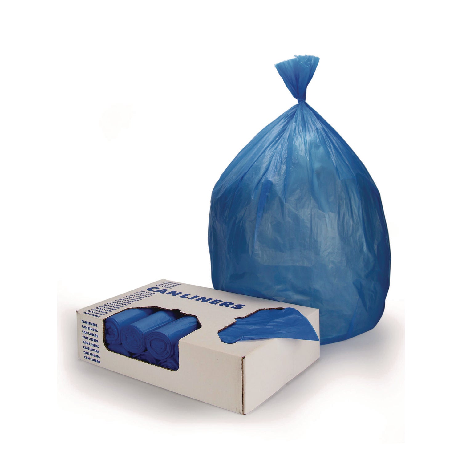 High-Density Waste Can Liners, 23 gal, 14 mic, 30 x 43, Blue, 25 Bags/Roll, 10 Rolls/Carton