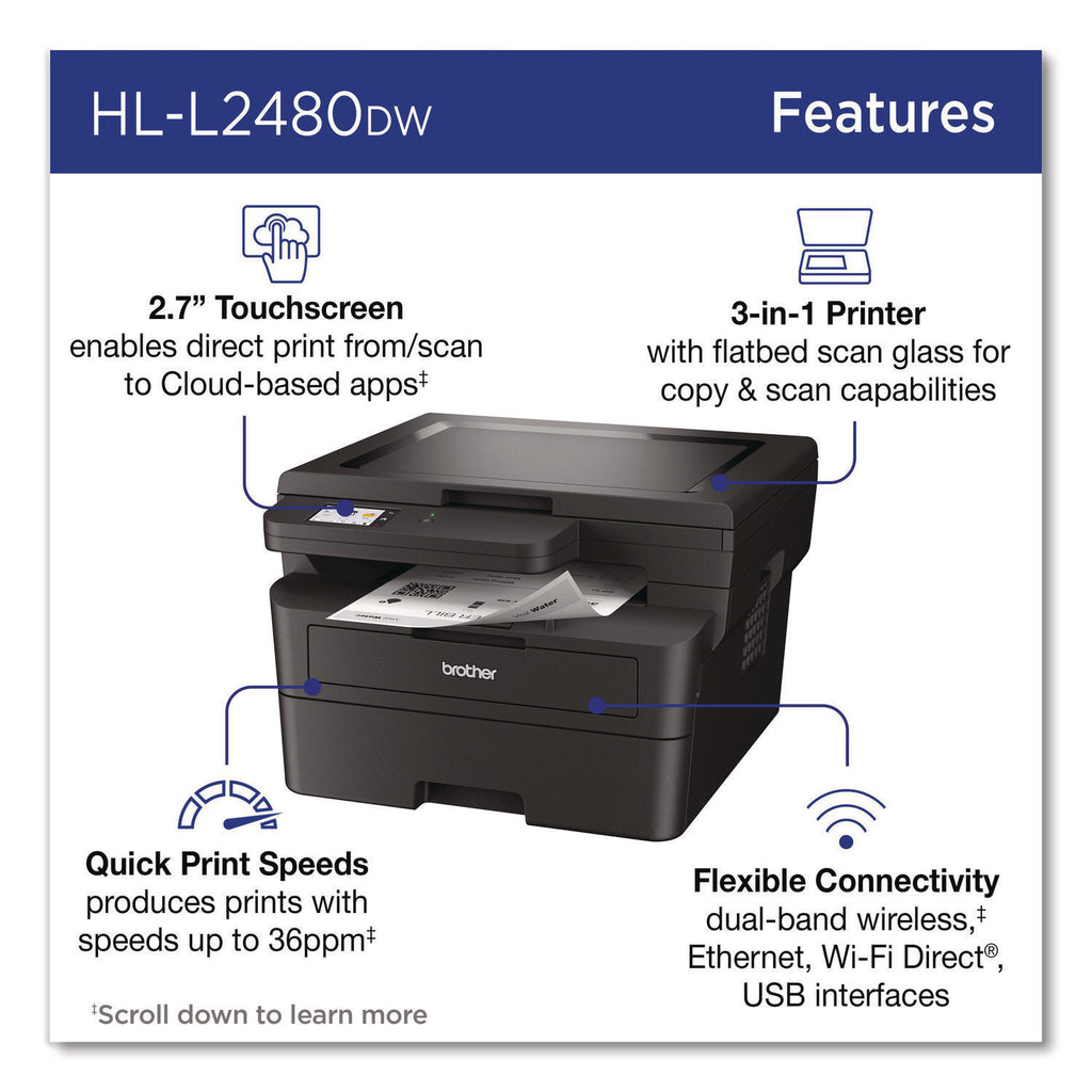 Wireless HL-L2480DW Compact Monochrome Multi-Function Laser Printer, Copy/Print/Scan