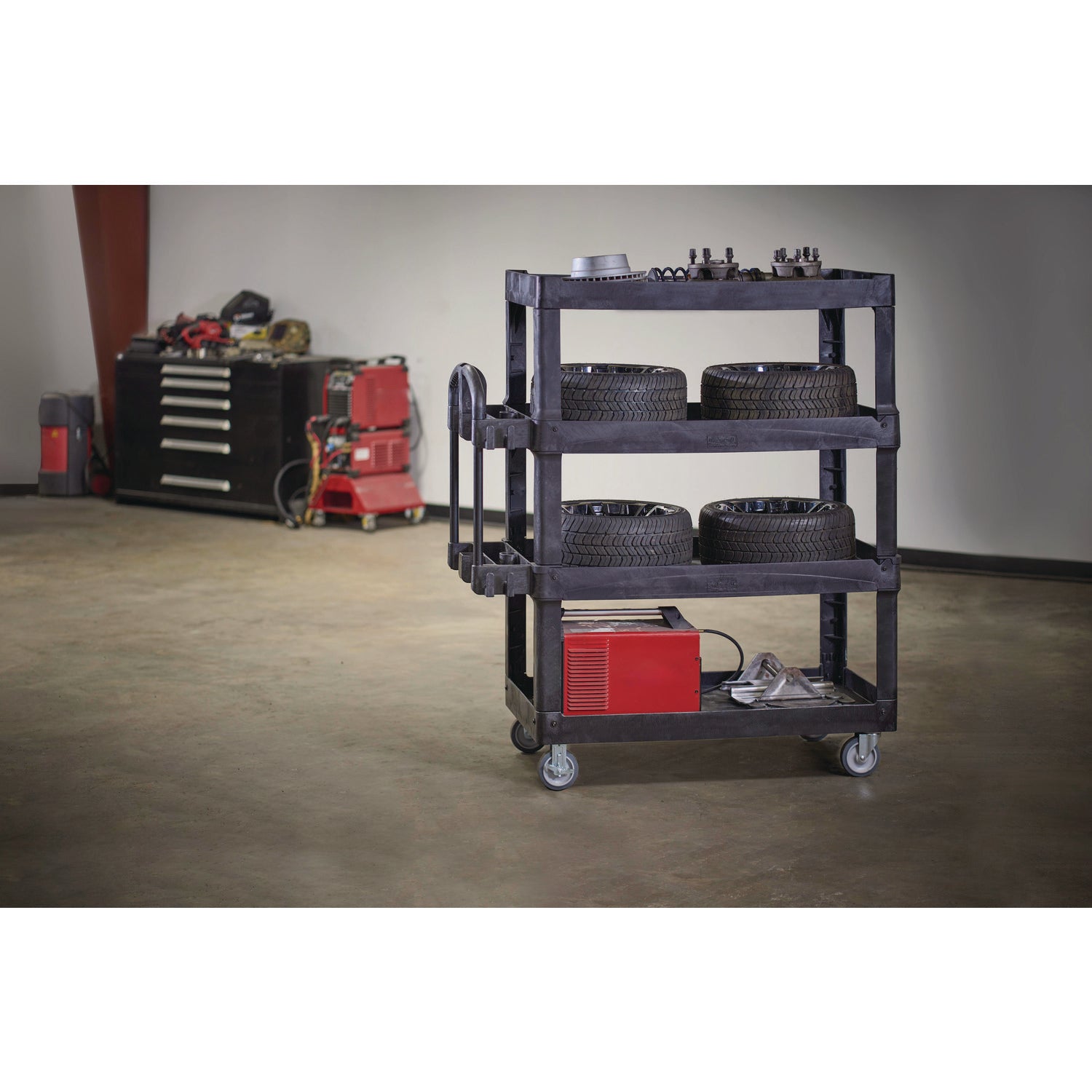 brute-heavy-duty-ergo-utility-cart-plastic-4-shelves-700-lb-capacity-2435-x-541-x-624-black_rcp2128657 - 6