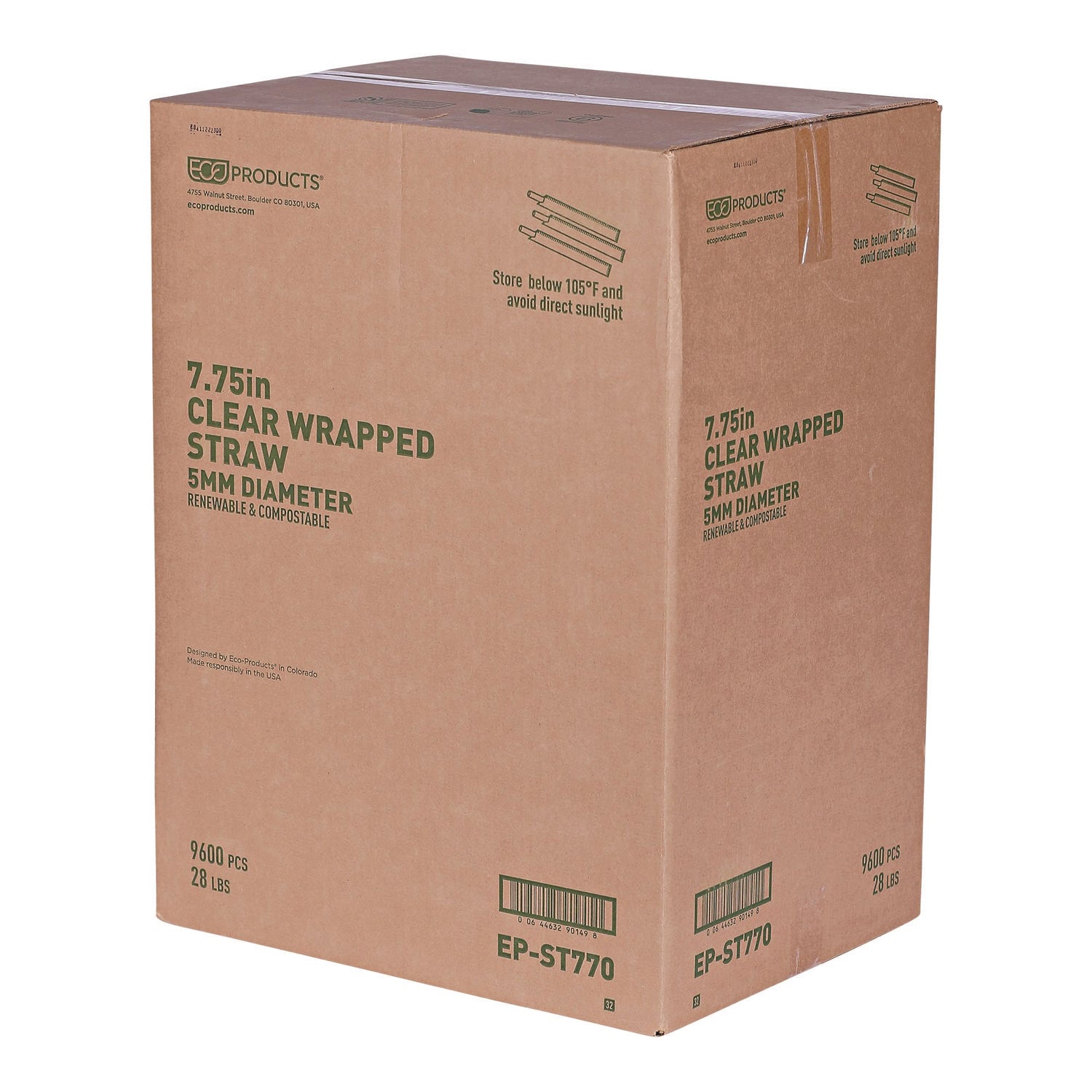 Clear Wrapped Straw, 7.75", PLA, 400/Pack, 24 Packs/Carton - 