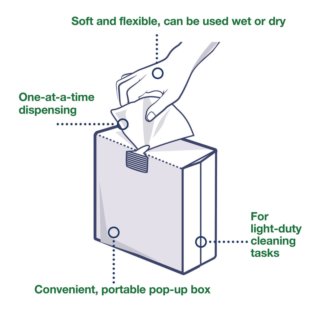 Light Duty Cleaning Cloth Pop Up Box, 1-Ply, 8.3 x 16.1, White, 120 Cloths/Pack, 10 Packs/Carton