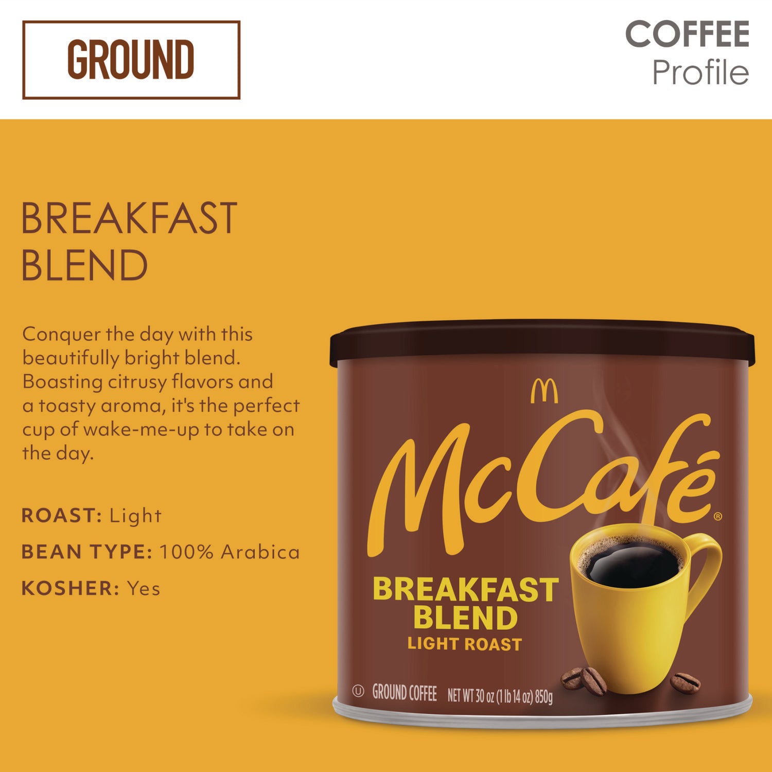 Ground Coffee, Breakfast Blend, 30 oz Can