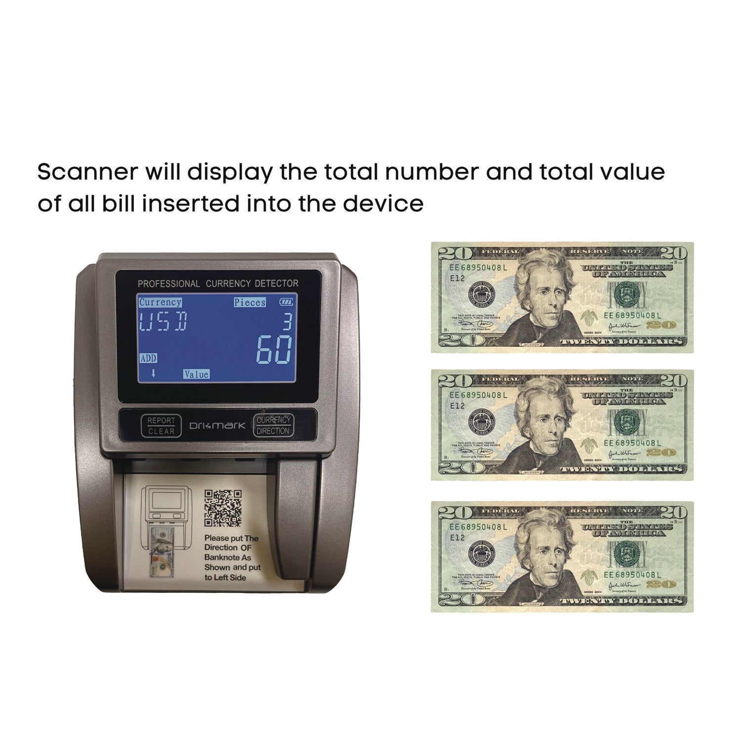 Dri Mark BillScan5 Counterfeit Detector Machine - Magnetic Ink, Infrared, Watermark, Dimension - 1 Second - Black - 1 Each