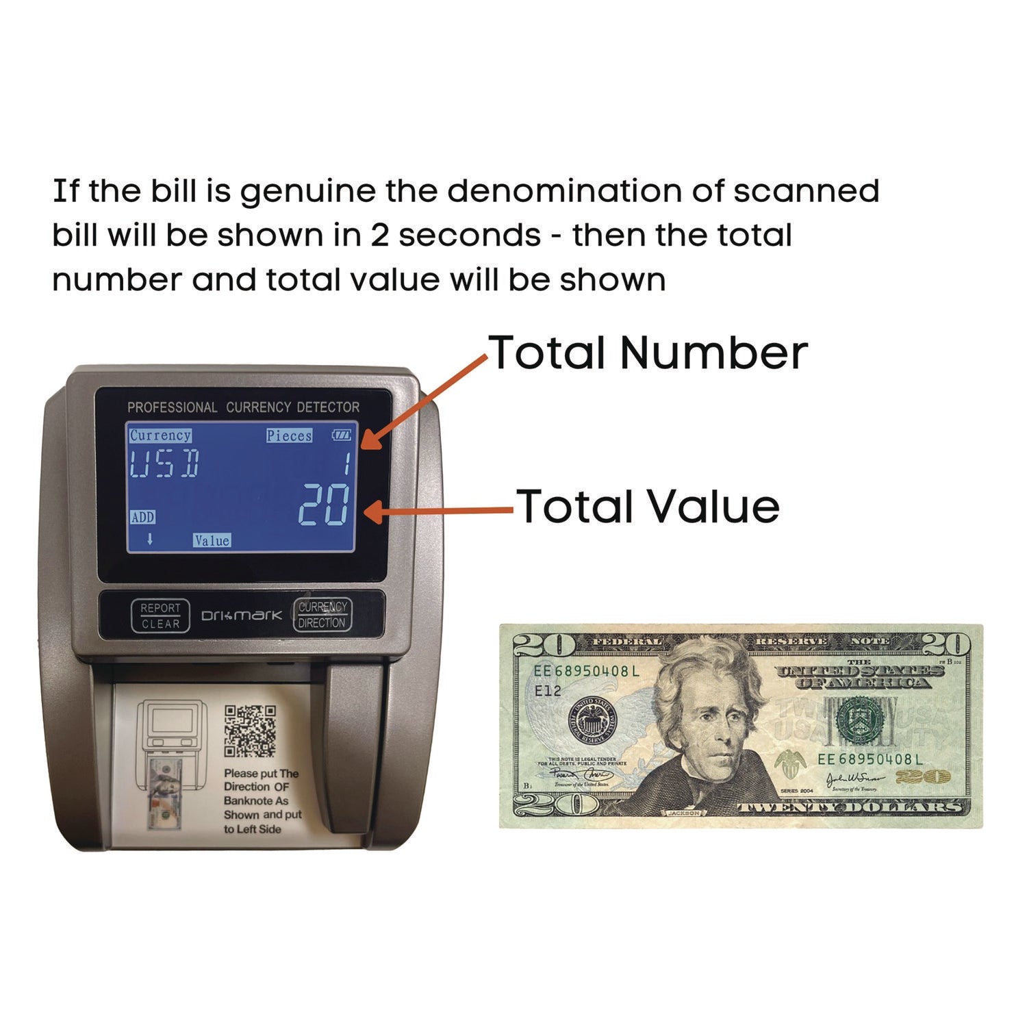 Dri Mark BillScan5 Counterfeit Detector Machine - Magnetic Ink, Infrared, Watermark, Dimension - 1 Second - Black - 1 Each