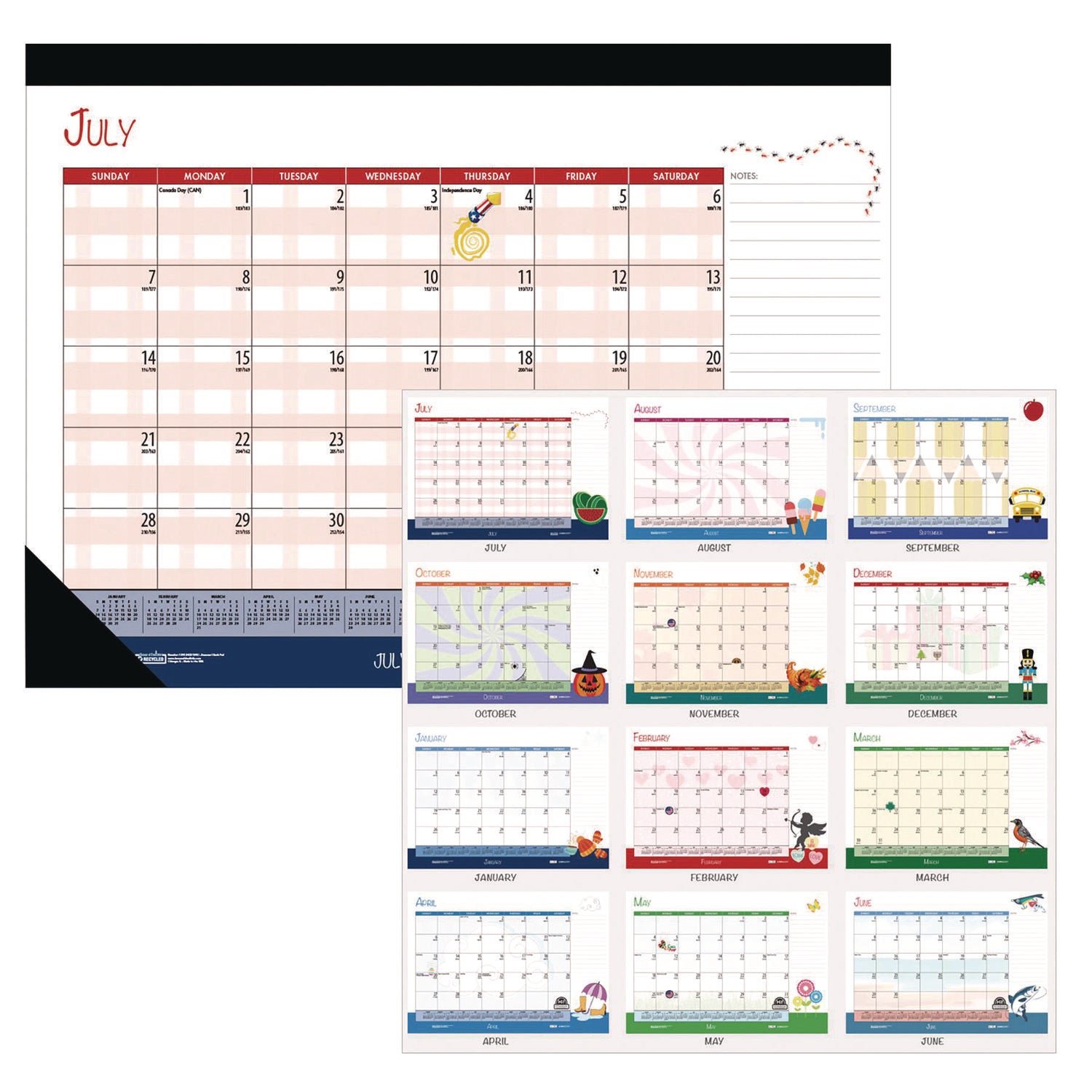Recycled Academic Year Desk Pad Calendar, Illustrated Seasons Artwork, 22 x 17, Black Binding, 12-Month (July-June): 2023-24