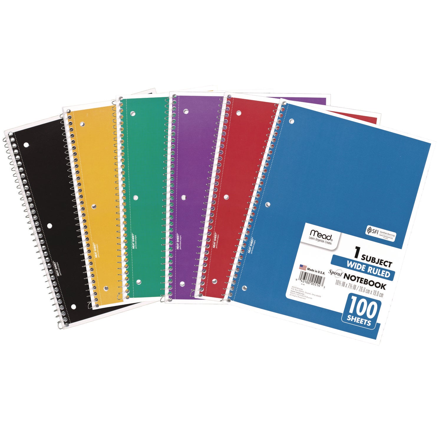 Spiral Notebook, 3-Hole Punched, 1-Subject, Wide/Legal Rule, Randomly Assorted Cover Color, (100) 10.5 x 7.5 Sheets - 2