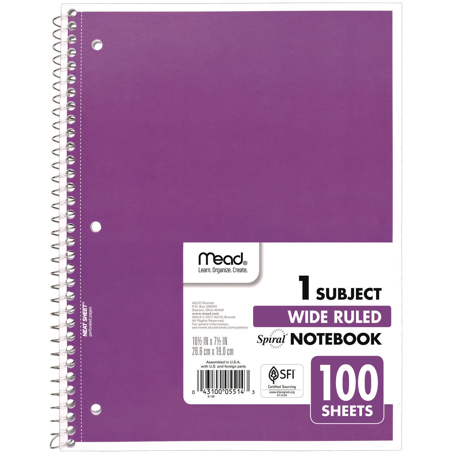 Spiral Notebook, 3-Hole Punched, 1-Subject, Wide/Legal Rule, Randomly Assorted Cover Color, (100) 10.5 x 7.5 Sheets - 7