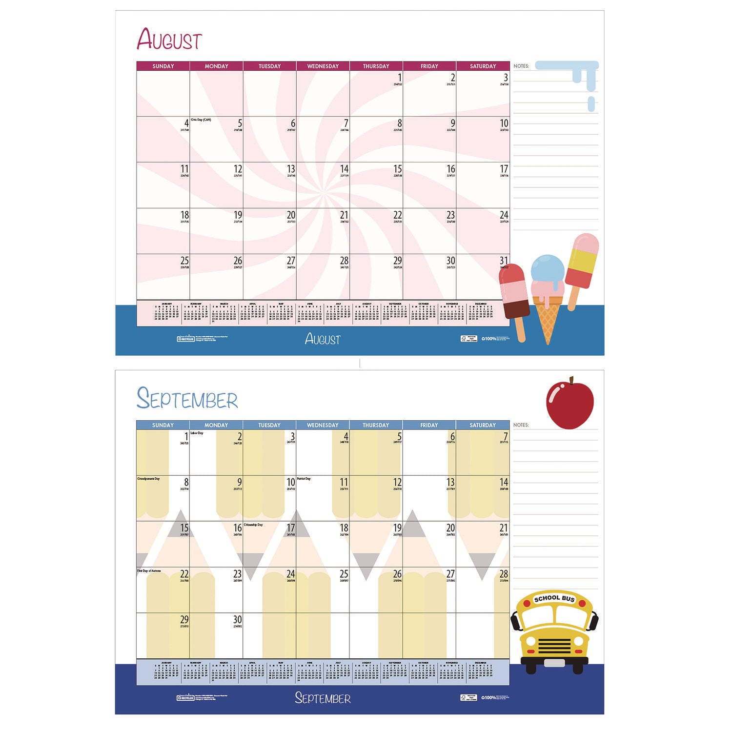 Recycled Academic Year Desk Pad Calendar, Illustrated Seasons Artwork, 22 x 17, Black Binding, 12-Month (July-June): 2023-24