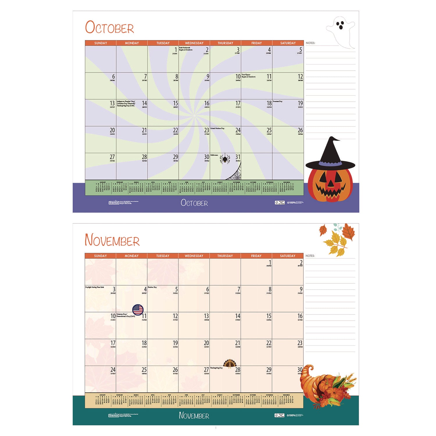 Recycled Academic Year Desk Pad Calendar, Illustrated Seasons Artwork, 22 x 17, Black Binding, 12-Month (July-June): 2023-24