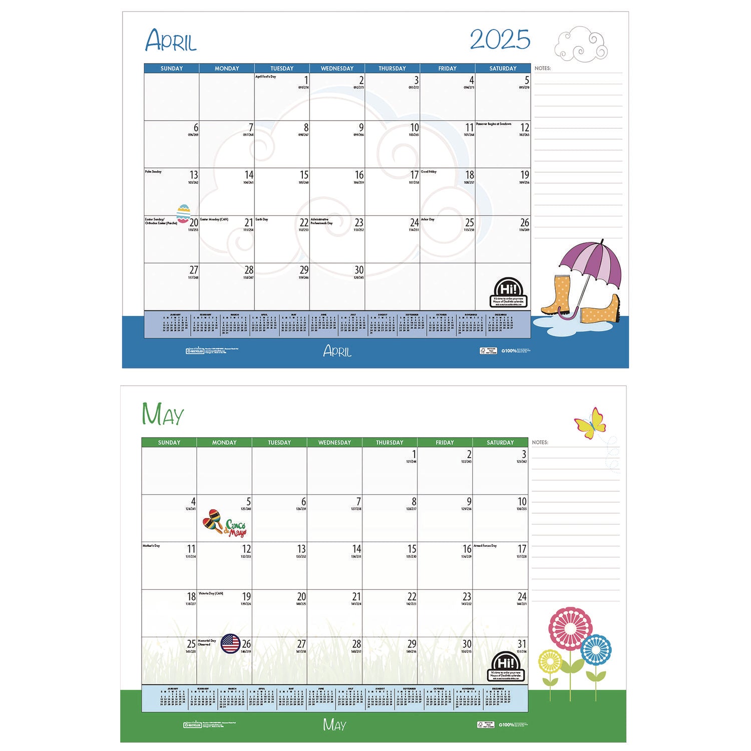 Recycled Academic Year Desk Pad Calendar, Illustrated Seasons Artwork, 22 x 17, Black Binding, 12-Month (July-June): 2023-24
