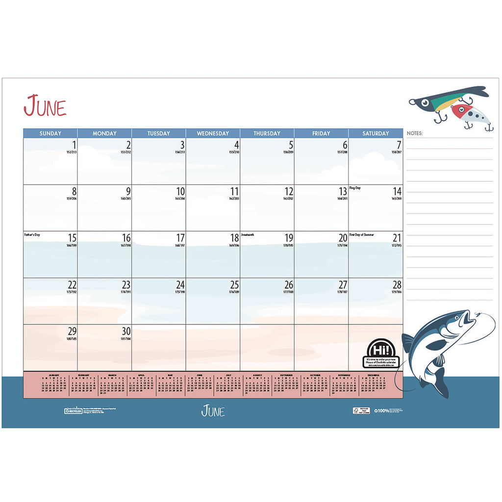 Recycled Academic Year Desk Pad Calendar, Illustrated Seasons Artwork, 22 x 17, Black Binding, 12-Month (July-June): 2023-24