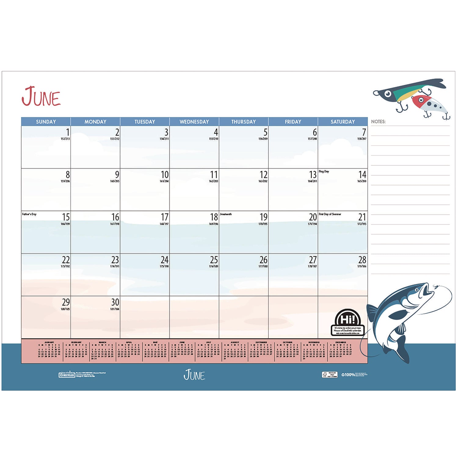 Recycled Academic Year Desk Pad Calendar, Illustrated Seasons Artwork, 22 x 17, Black Binding, 12-Month (July-June): 2023-24