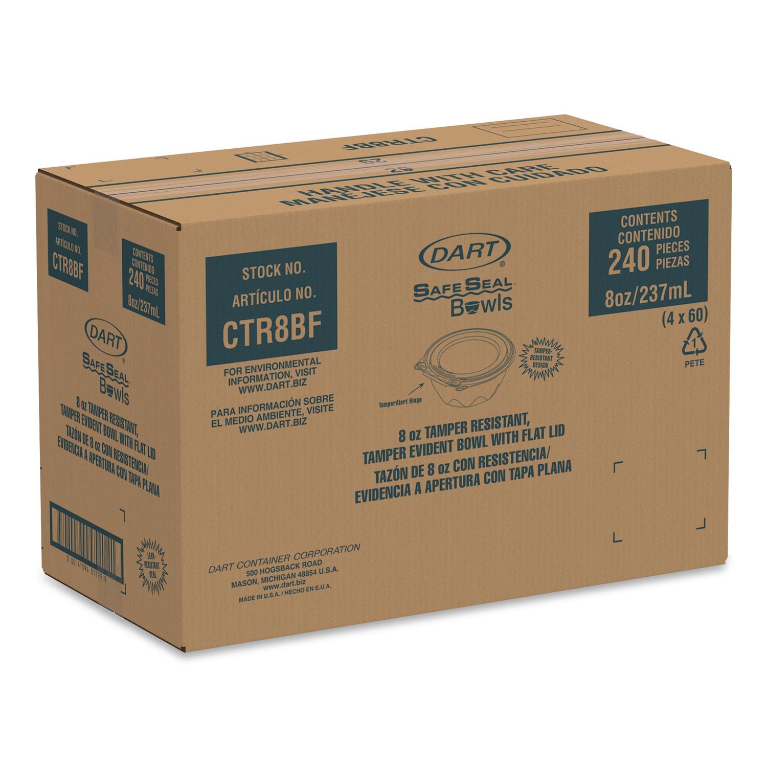 Tamper-Resistant, Tamper-Evident Bowls with Flat Lid, 8 oz, 5.5" Diameter x 1.7"h, Clear, Plastic, 240/Carton