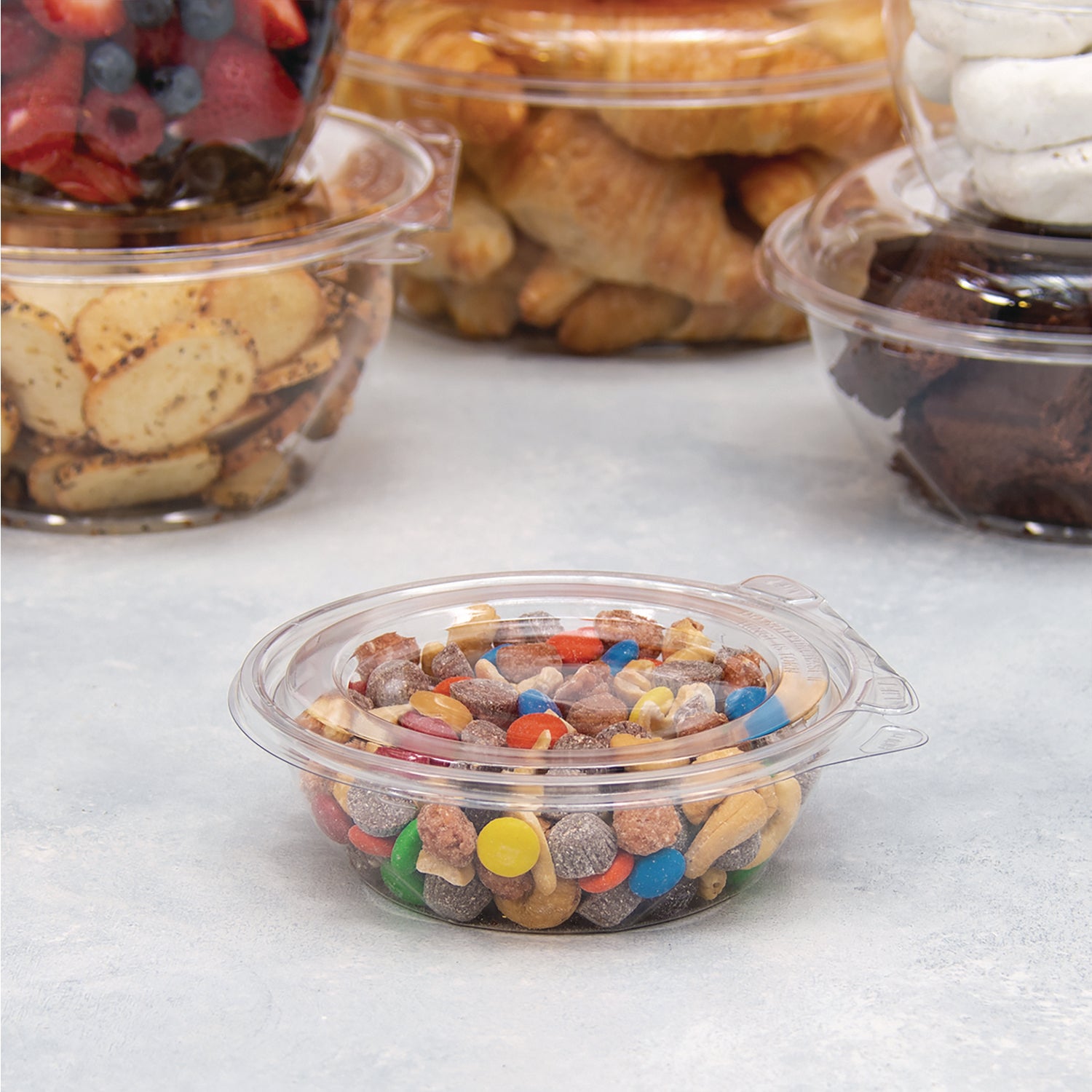 Tamper-Resistant, Tamper-Evident Bowls with Flat Lid, 8 oz, 5.5" Diameter x 1.7"h, Clear, Plastic, 240/Carton