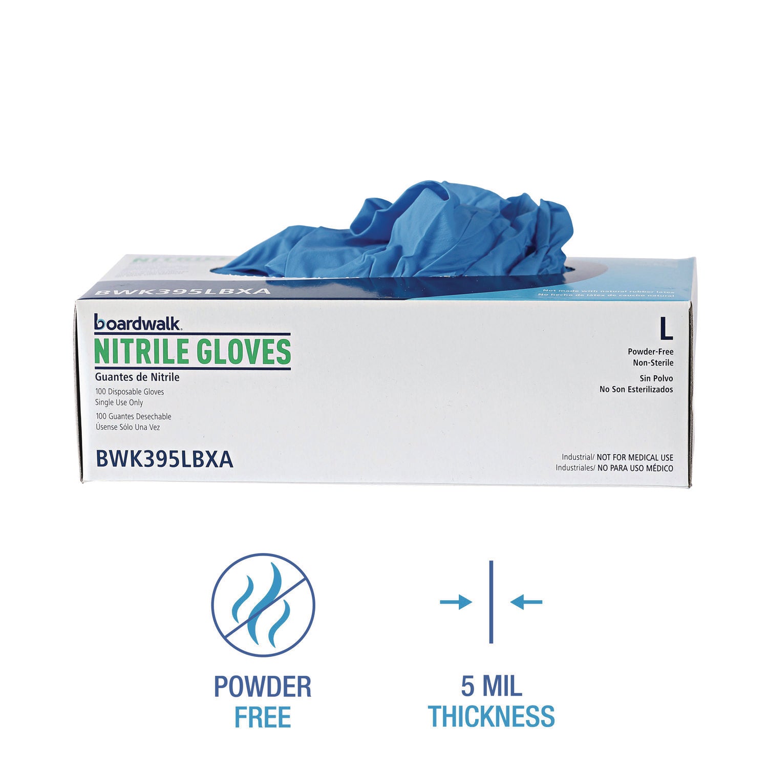 Disposable Powder-Free Nitrile Gloves, Large, Blue, 5 mil, 100/Box, 10 Boxes/Carton