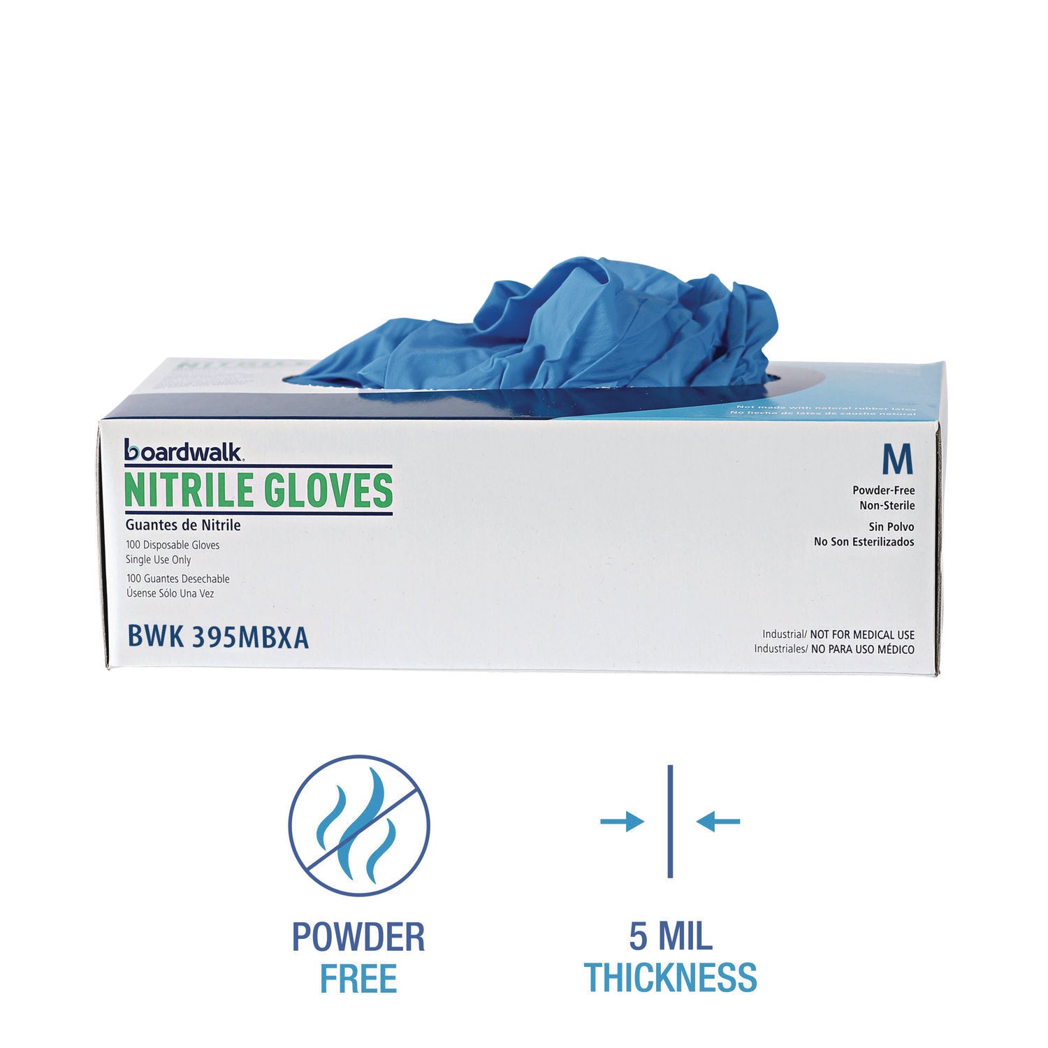 Disposable Powder-Free Nitrile Gloves, Medium, Blue, 5 mil, 1,000/Carton - 3