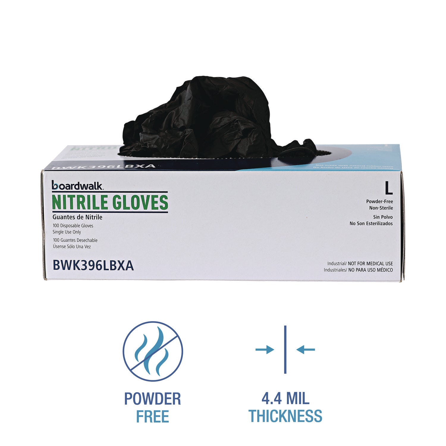 Disposable General-Purpose Powder-Free Nitrile Gloves, Large, Black, 4.4 mil, 100/Box - 6