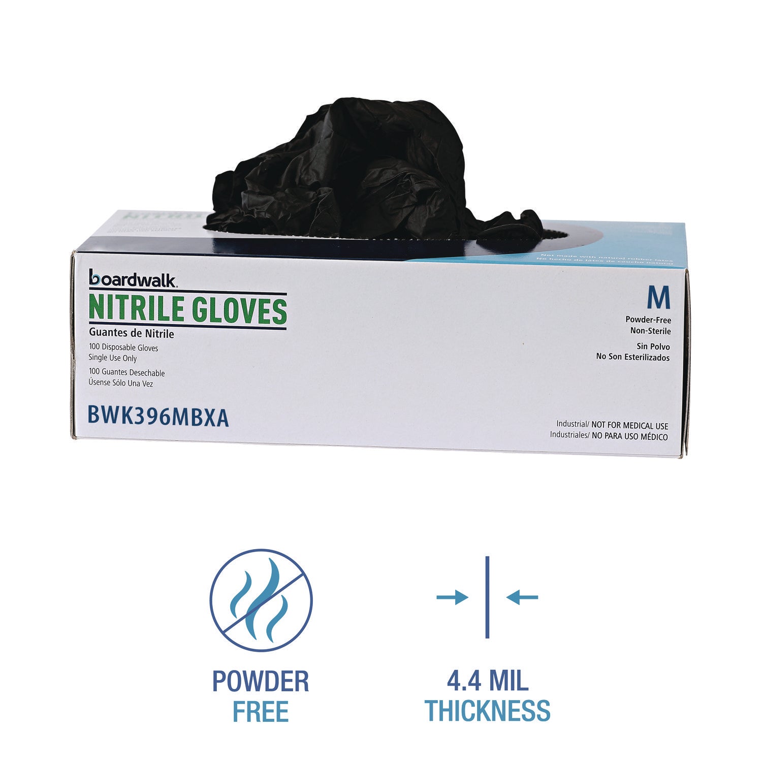 Disposable General-Purpose Powder-Free Nitrile Gloves, Medium, Black, 4.4 mil, 100/Box