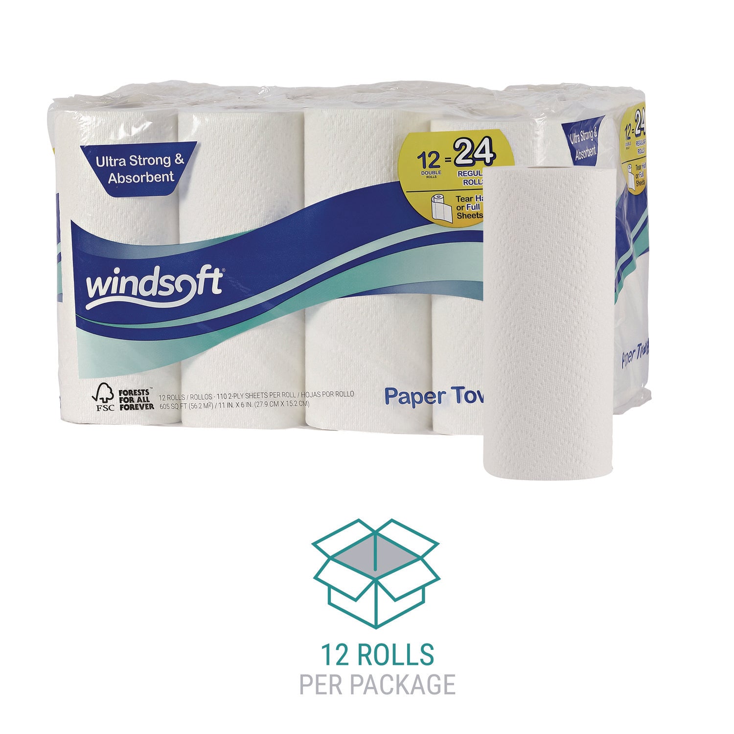 Premium Kitchen Roll Towels, 2-Ply, 11 x 6, White, 110/Roll, 12 Rolls/Carton - 4