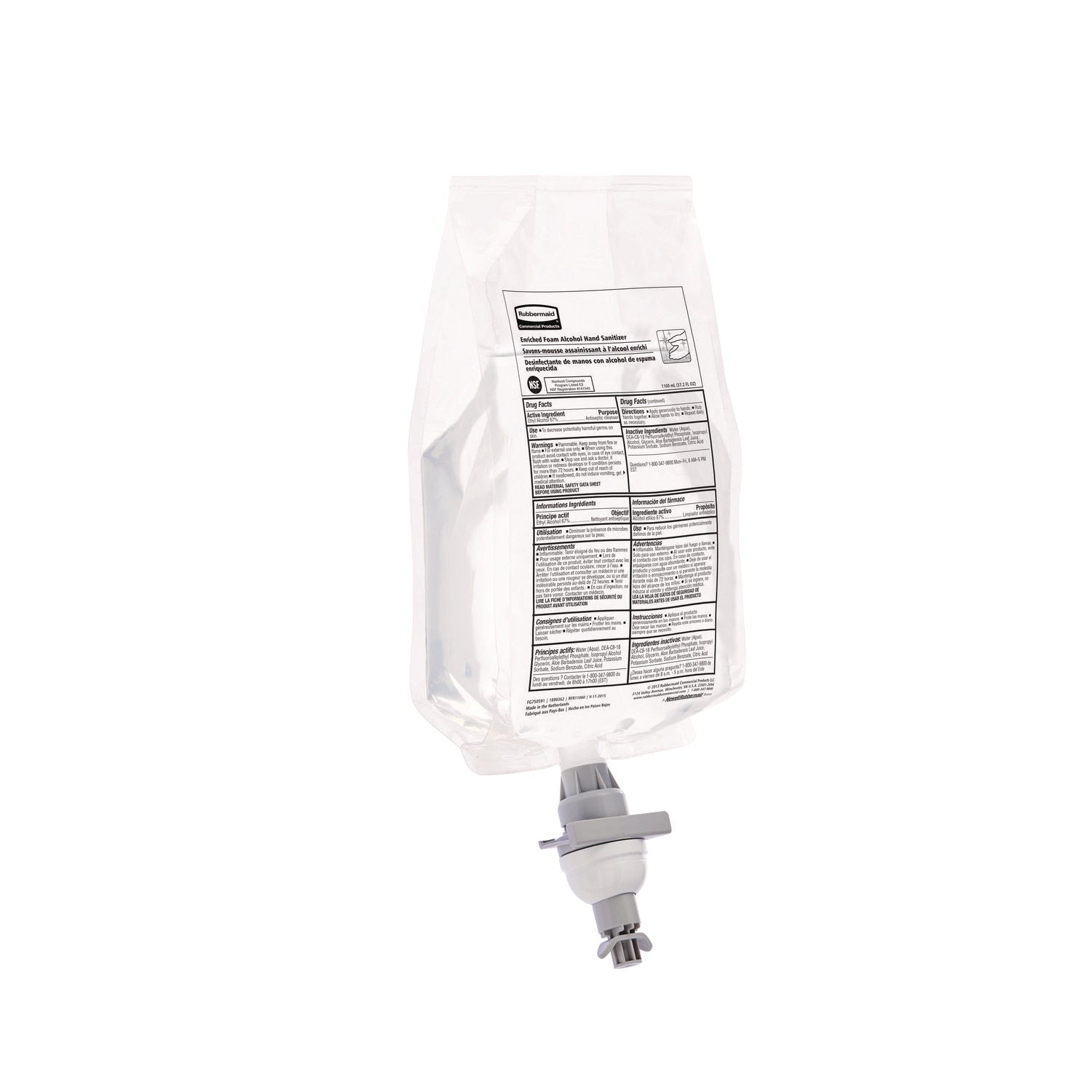 Rubbermaid Commercial Hand Sanitizer Foam Refill - Fragrance-free Scent - 37.2 fl oz (1100 mL) - Kill Germs - Hand - White Clear - Dye-free, Hygienic - 4 / Carton - 4