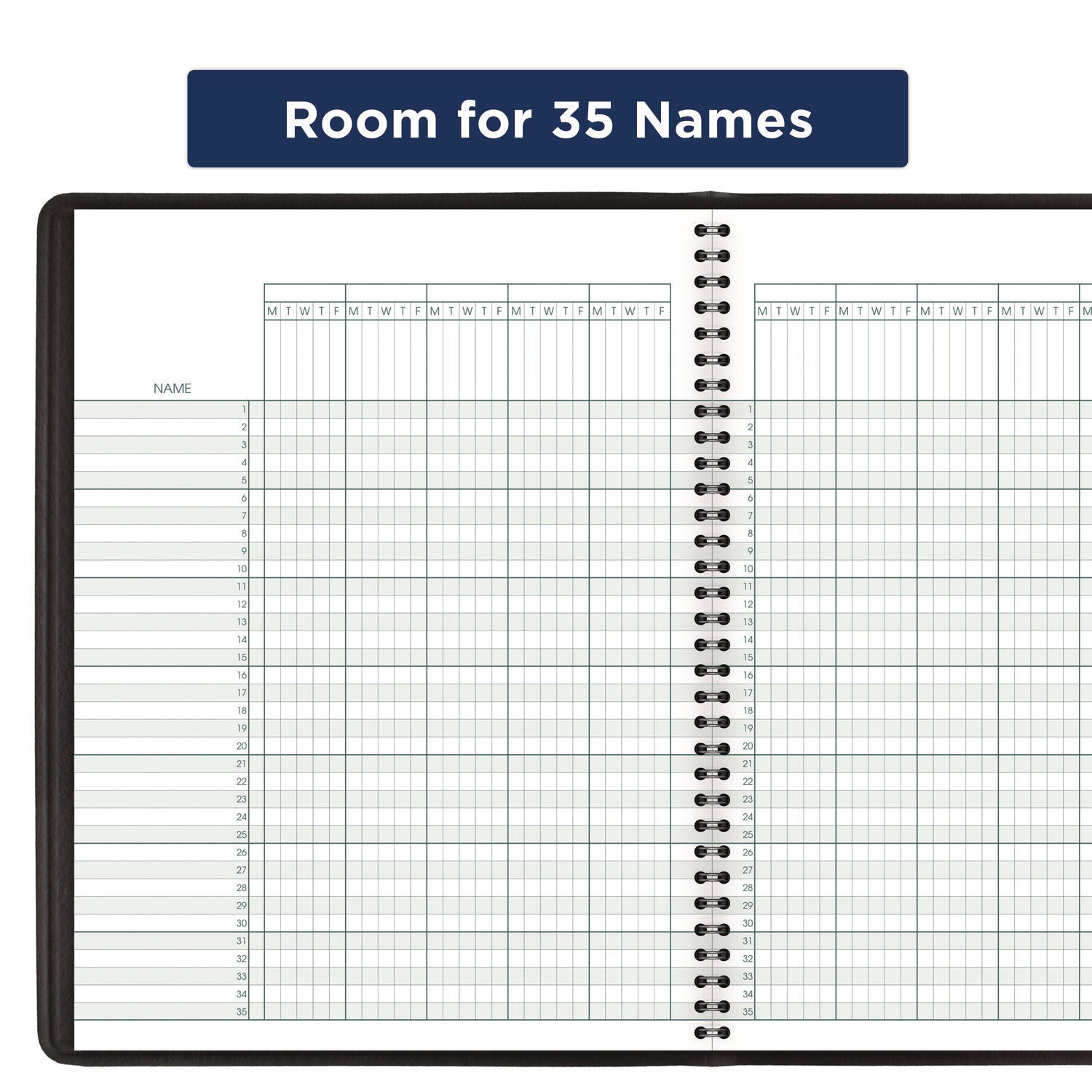 Undated Class Record Book, Nine to 10 Week Term: Two-Page Spread (35 Students), 10.88 x 8.25, Black Cover - 6