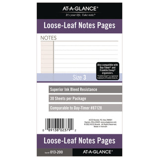 Lined Notes Pages for Planners/Organizers, 6.75 x 3.75, White Sheets, Undated